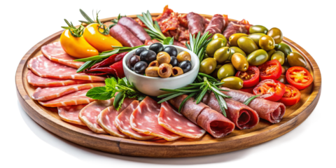 Delicious Antipasto Platter with Meats, Olives, Marinated Vegetables - Transparent