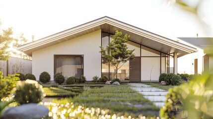 Modern Architectural Home Surrounded by Lush Green Landscaping in Early Morning Light