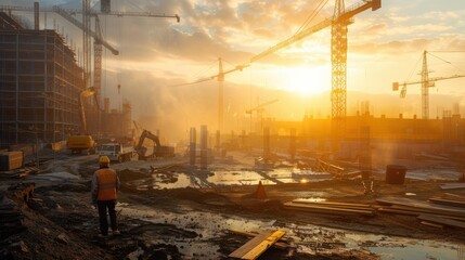 Construction Workers Overseeing Project Progress at Sunset With Cranes and Equipment Present
