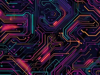 Neon circuit board background, cyberpunk style, glowing lines and shapes, futuristic technology concept