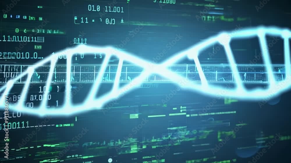 Poster digital code with spinning dna helix generative ai