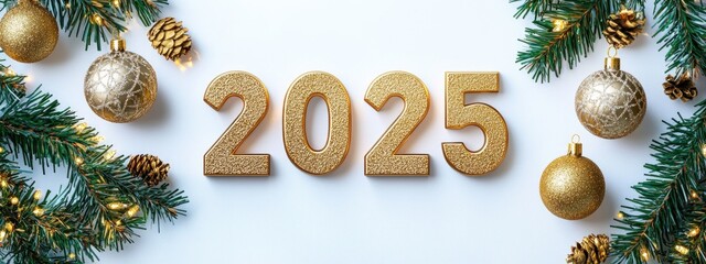 3D golden number 2025 with Christmas ornaments on white background, New Year concept..