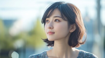 青空の下、小道を歩く女性が優しく微笑んでいる様子が印象的です。自然光が彼女の表情を引き立てています。