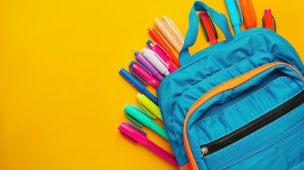 School bag. Backpack with highlighters for school on yellow background. generative ai