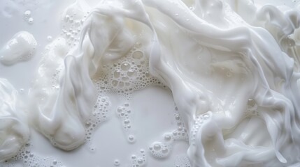 White delicate silk fabric soaking in milk bath with foam bubbles, top view, for skincare or laundry concept