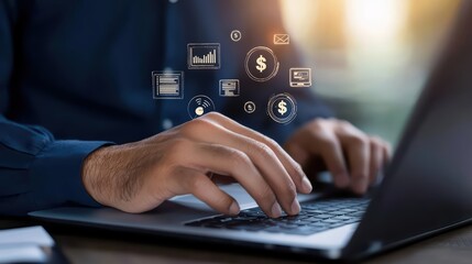Obraz premium A businessman s hand dressed in a blue shirt working on a laptop
