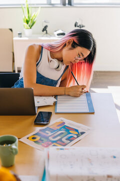 Focused chinese young woman studying at desk with laptop and planner