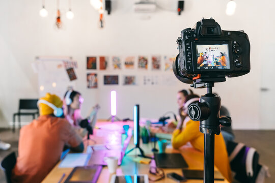 Recording a podcast in a creative studio setup