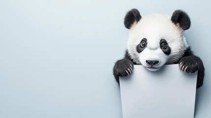 A cute panda peeking from behind a sheet of white and black paper, illustrating innocence and nature, endangered species, banner, with copy space