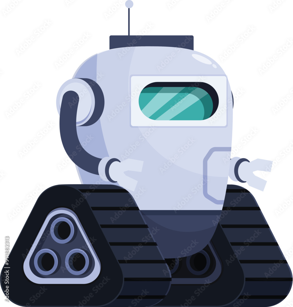 Poster white and blue robot with tracks is exploring an unknown environment