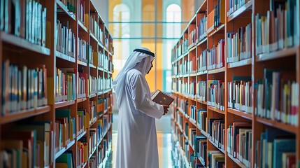 teacher saudi arabia gulf in a long white robe walking down a library aisle lined with bookshelves