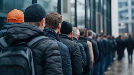 A long line of unemployed people outside an employment office