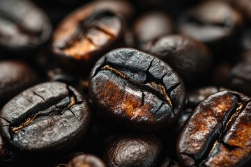 Obraz premium A close up of coffee beans with a burnt edge. The beans are brown and appear to be slightly charred