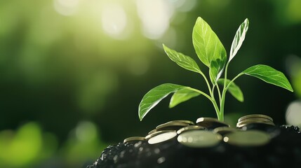 A modern financial growth scene featuring young plants emerging from piles of coins