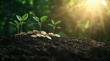 A modern financial growth scene featuring young plants emerging from piles of coins