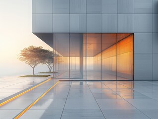 Modern Architectural Structure Featuring Glass Facade and Reflected Sunset in Urban Setting