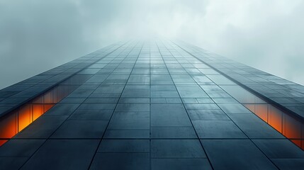 Tall Modern Building Soaring Into Overcast Sky With Glowing Windows at Dusk