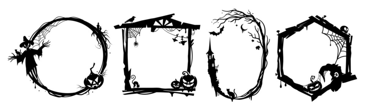 Black Halloween holiday frames and borders. Isolated vector scary vignettes with creepy scarecrow, pumpkin faces, spiderweb and witch hat, skull, haunted castle, tree branches and bats silhouettes
