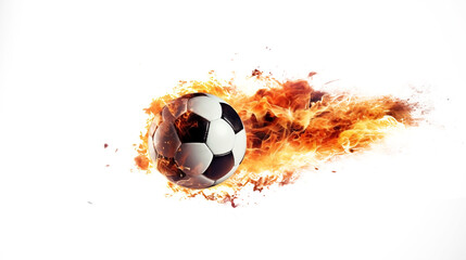 Close Up to a Soccer Ball Flying with Burning Fire Flame PNG isolated on white and transparent background - Flying Football trajectory Flame effect Soccer kick Ball Motion Impact Sports Concept