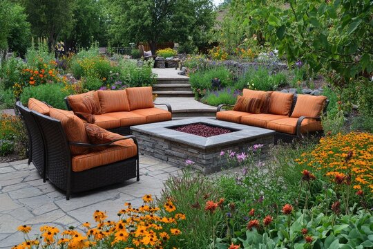 A patio with a fire pit and a few orange couches. The fire pit is surrounded by flowers and the couches are arranged around it