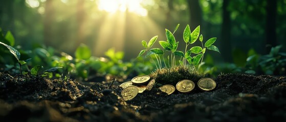 A whimsical and fantastical image of plants sprouting from magical gold coins in a lush
