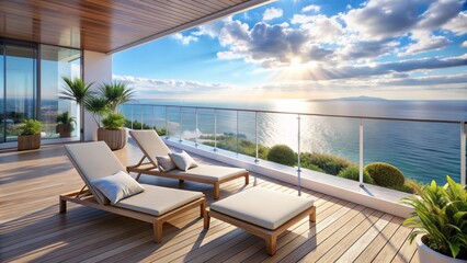 Luxurious sunbeds and comfortable outdoor furniture adorn the terrace of a modern apartment, boasting breathtaking sea views and serene coastal ambiance.