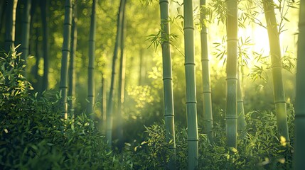 Fototapeta premium Bamboo grove, tall bamboo stalks, filtered lighting
