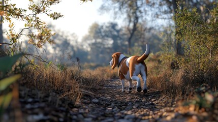 Beagle eagerly sniffing new scents on a trail
