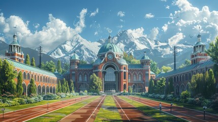 A Majestic Athletic Facility Surrounded by Snow-Capped Mountains on a Clear Day