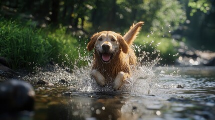 Golden retriever splashing in a creek during a hike