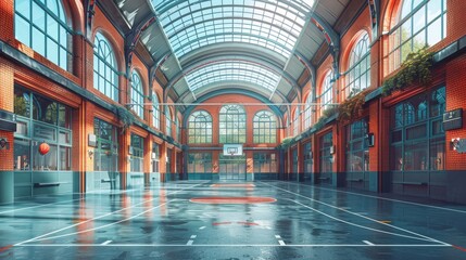 Indoor Basketball Court With Bright Sunlight Streaming Through Large Windows