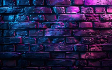 brick wall with neon purple and blue lighting, background.
