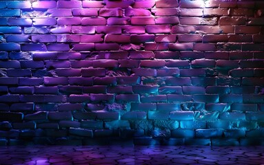 Obraz premium brick wall background with neon light, purple and blue.