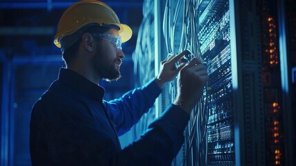 Telecom Company, technicians maintaining networks, bright lighting