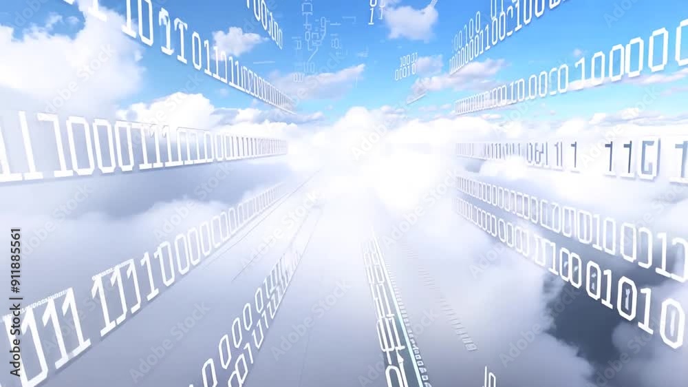 Poster binary codes flowing through a white cloudy sky generative ai
