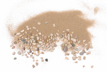 Pile sand and rocks isolated on white background, top view