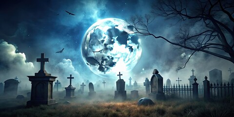 Spooky Halloween night background with moon and haunted graveyard, featuring misty tombstones in an ominous atmosphere