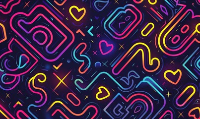 Abstract Neon Shapes Background with Colorful Lines and Hearts