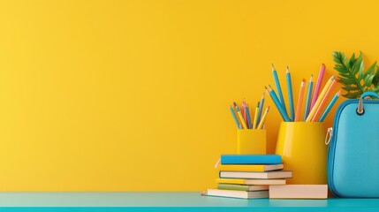 Minimal poster template highlighting an empty classroom with colorful decorations