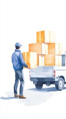 Naklejka premium Delivery service, courier with packages, doorstep delivery, Watercolor style