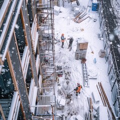 Construction Workers Collaborate on Site in Snowy Conditions at Urban Development Site During Winter