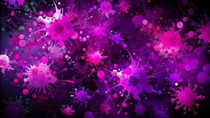 Vibrant purple ink splashes and pink blots overflow on a dark background, creating a mesmerizing grunge effect with abstract liquid stains and playful splatter patterns.