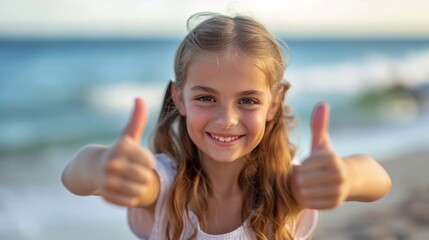 A happy young girl gives two thumbs up while standing on the beach, smiling brightly in the sun..