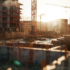 Construction Site at Sunrise With Crane and Foundation Work in Urban Area