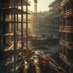 Construction Site at Sunrise Surrounded by Building Framework and Machinery