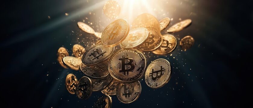Supernatural scene of bitcoins descending from a luminous ether