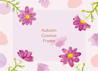 水彩で描いたコスモスの花　手描きの柔らかな　フレーム素材　秋の花