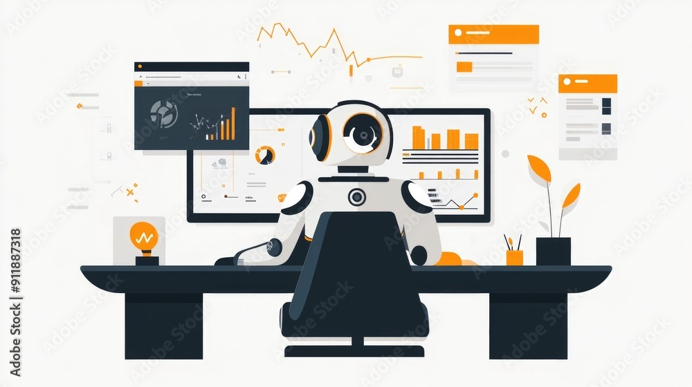 Poster of an automated investment platform with robo advisor and data analysis dashboard in a flat minimali