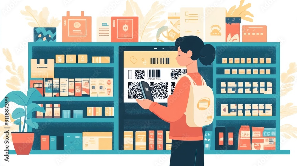 Poster flat design depicting a mobile wallet app with qr code scanning functionality for digital finance ec