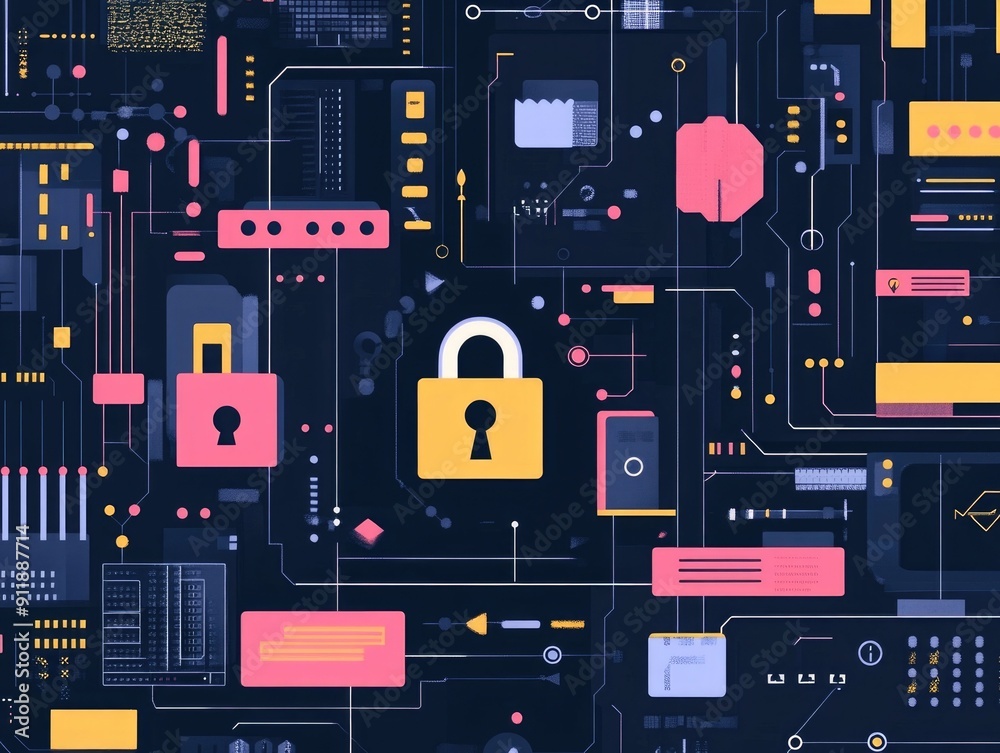 Poster flat design showcasing cybersecurity solutions for the fintech industry focusing on data protection 